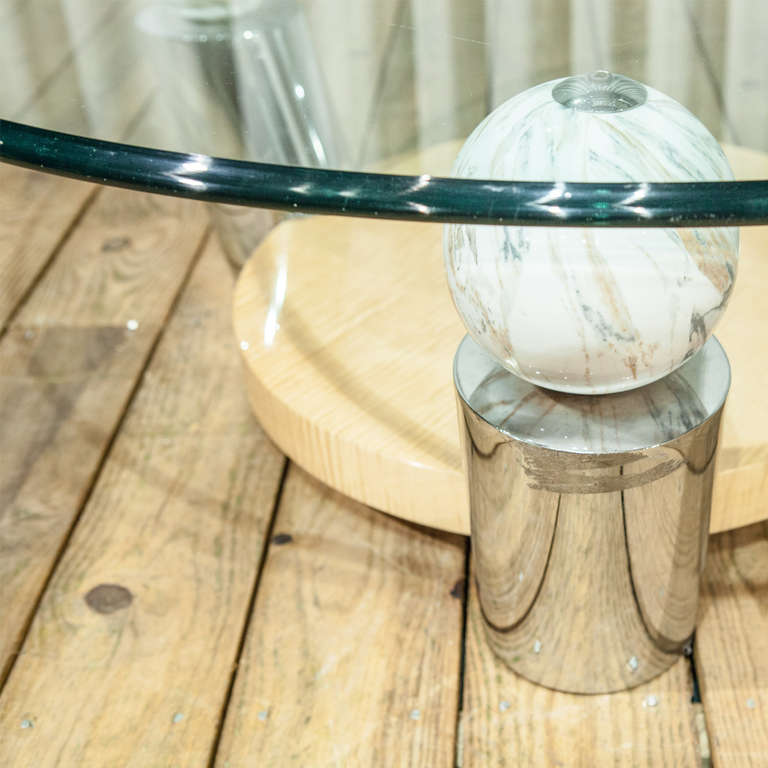 Late 20th Century A Circular Glass Coffee Table with Wood and Marble Detail For Sale