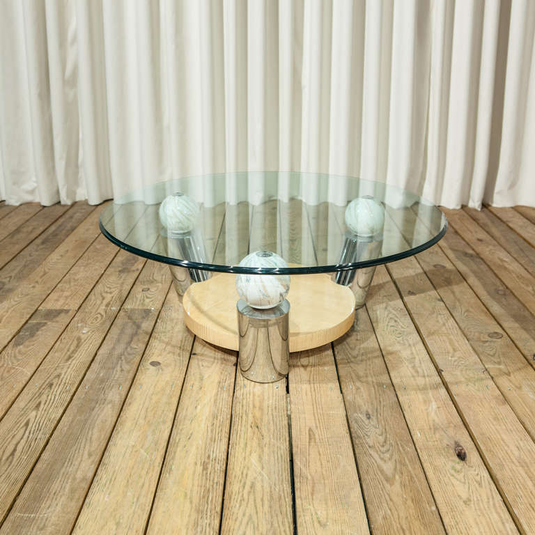 A Circular Glass Coffee Table with Wood and Marble Detail In Good Condition For Sale In Finchley, London