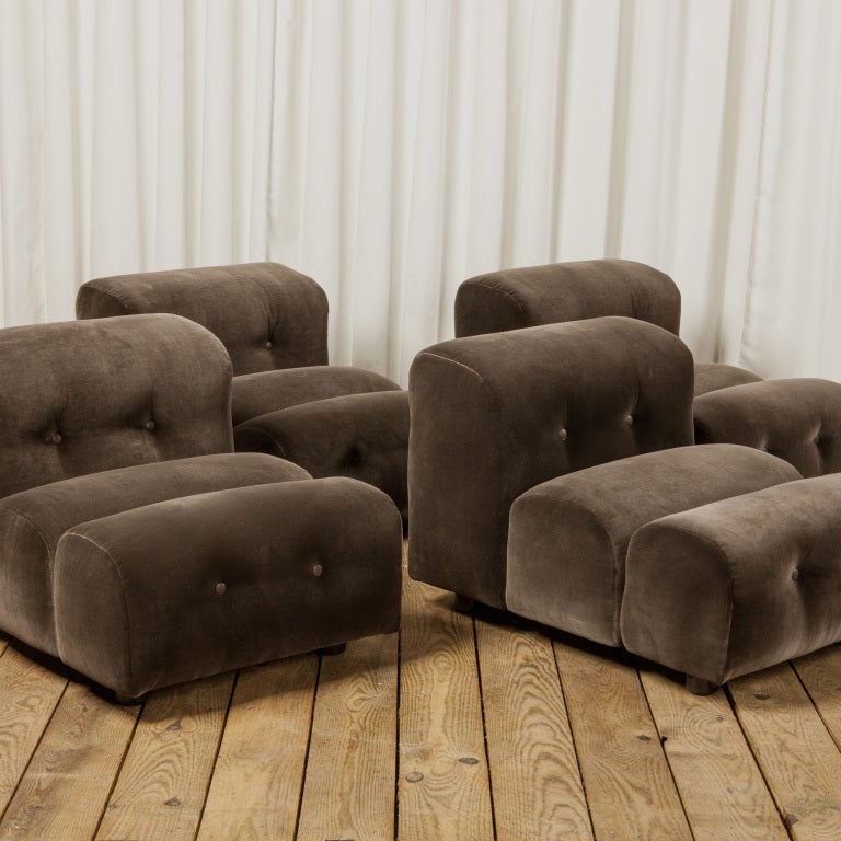 Set of 4 slipper chairs newly reupholstered in a beautiful chocolate velvet.
They look gorgeous as a set or individually
Measurements below are per section