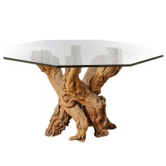 1950's Cypress Root Dining Table with Smoked Glass Hexagon top