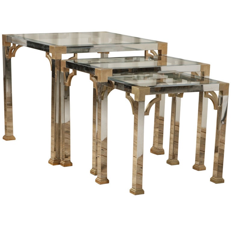Nest of Three Chrome, Brass and Glass Side Tables  For Sale