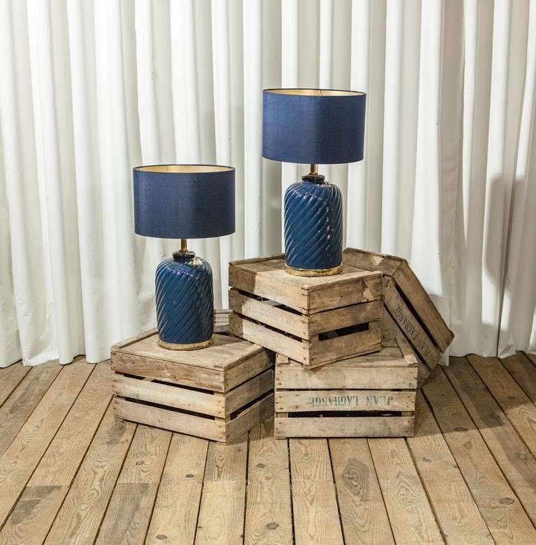 A Pair of Sapphire Blue Ceramic Lamps
