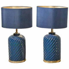 A Pair of Sapphire Blue Ceramic Lamps