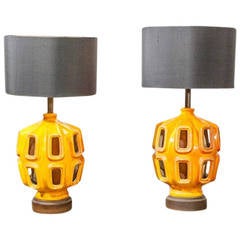 A Pair of Oversized Orange Ceramic Lamps