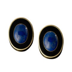 Pair of Onyx Lapis Gold Button Earrings 