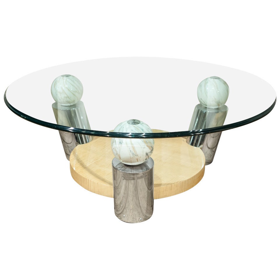 A Circular Glass Coffee Table with Wood and Marble Detail For Sale