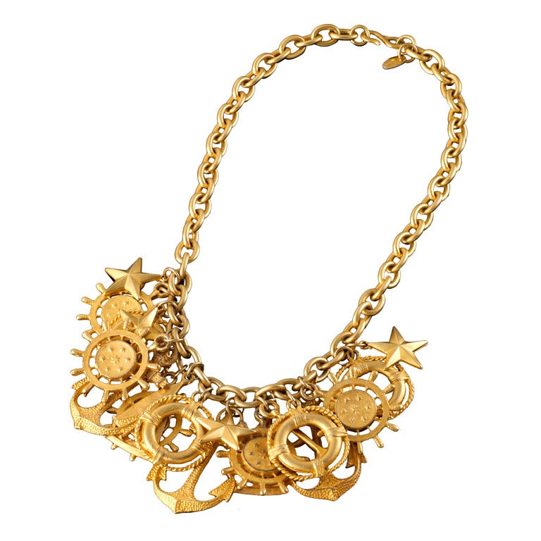 Signed Les Bernard 70's Sailor Charm Gold Toned Necklace For Sale at ...
