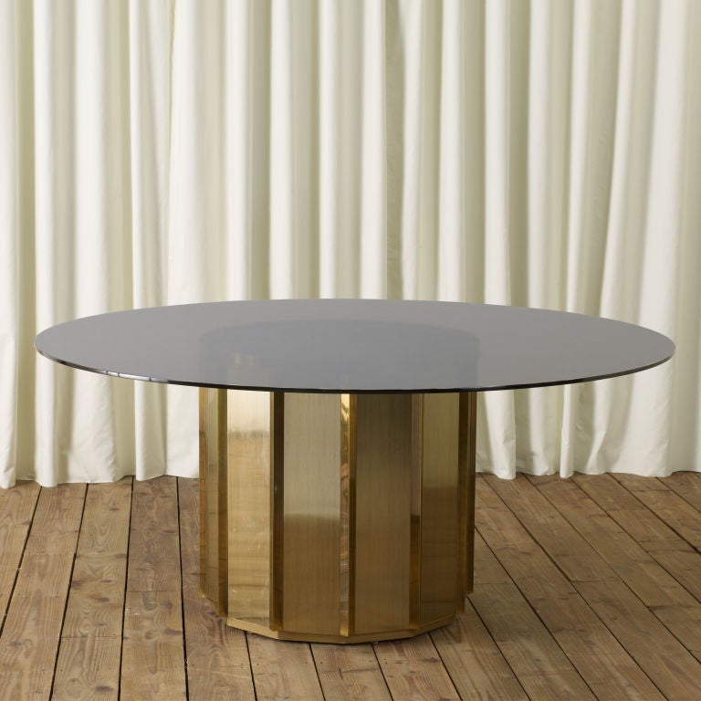 A brass drum table base beautifully designed by Bernard Rohne for the Mastercraft Company
Depending on the chairs this table is large enough to fit 6 people around it 
comfortably
Drum base measurements below. Glass measurement 1600mm diameter
