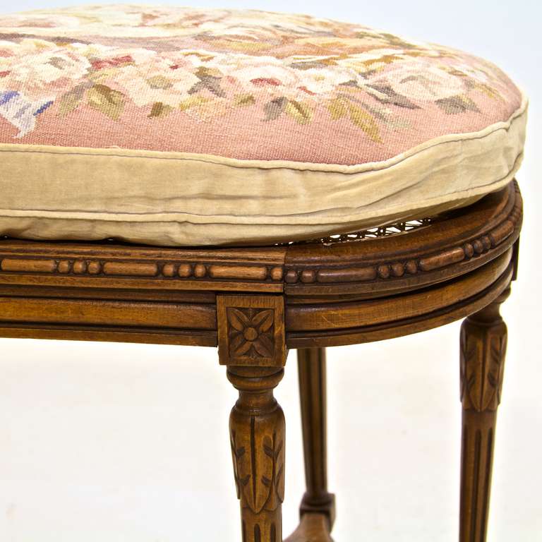 French Louis XVI Style Cane Bench With Tapestry Cushion