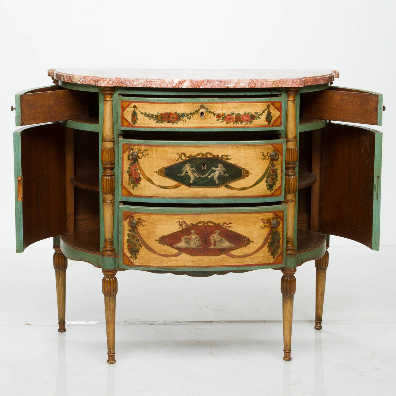 Italian Painted Demilune Commode with Marble Top