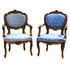 Pair of Fine Quality Louis XV Style Walnut Arm Chairs