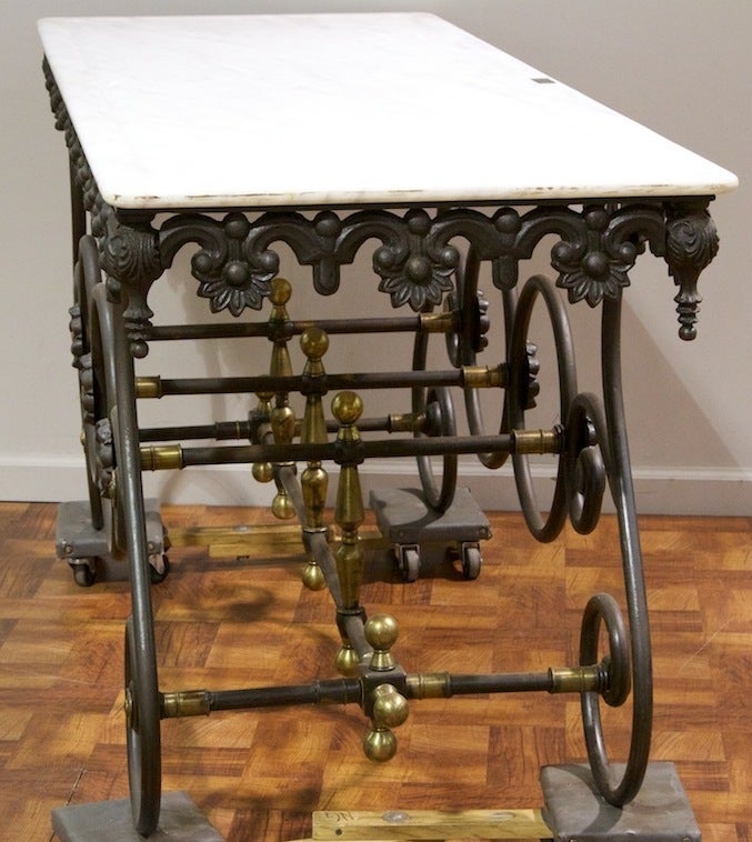 20th Century Country French Iron and Brass Pastry Table with Marble Top