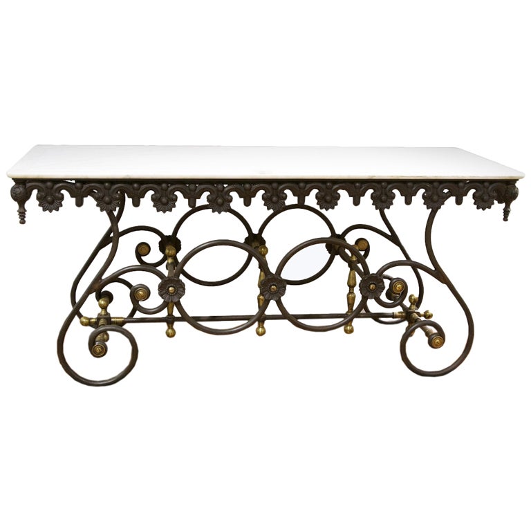 Country French Iron and Brass Pastry Table with Marble Top