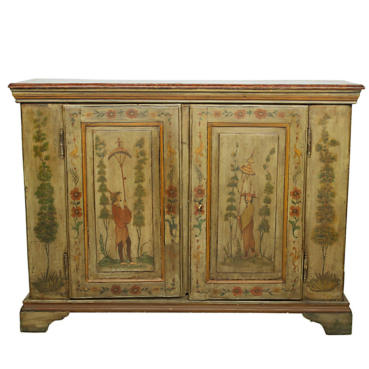 A fine pair of oriental style painted matching cabinets from France. The top is a faux painted top. Keys for both doors. These have two doors each which open to a shelf and ample storage. Wonderful color scheme.