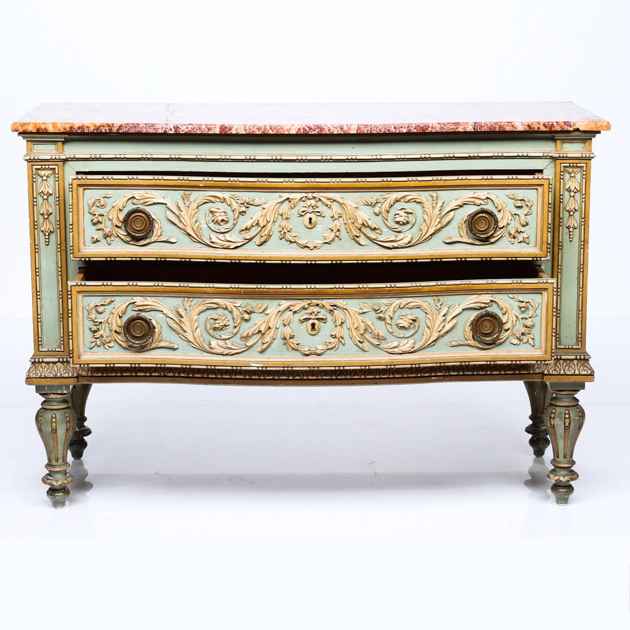 An Italian Painted Marble Top Commode from the 19th Century. This highly decorative commode is superb quality. Fine Italian craftsmanship.