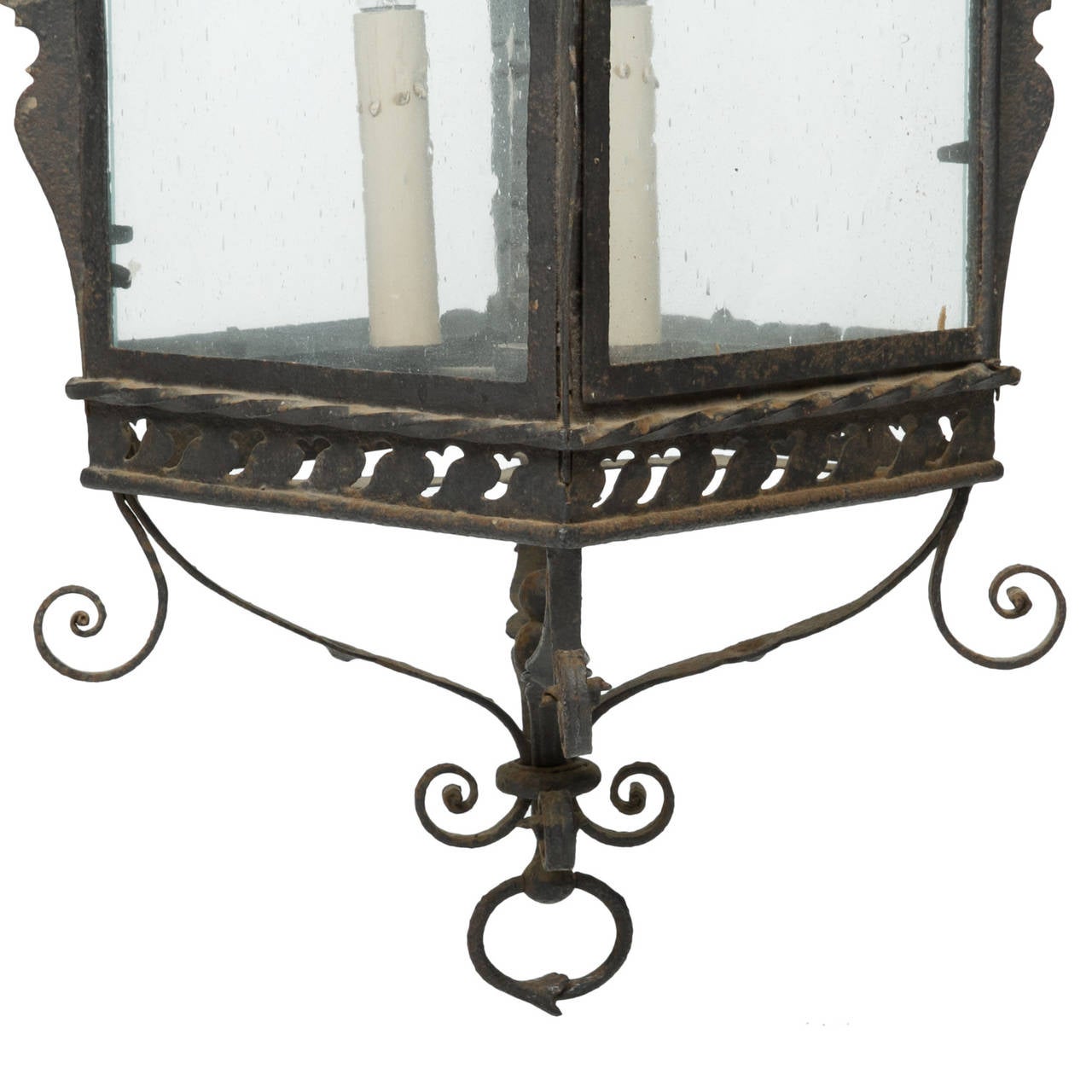 Antique French iron lantern chandelier with the wavy glass.