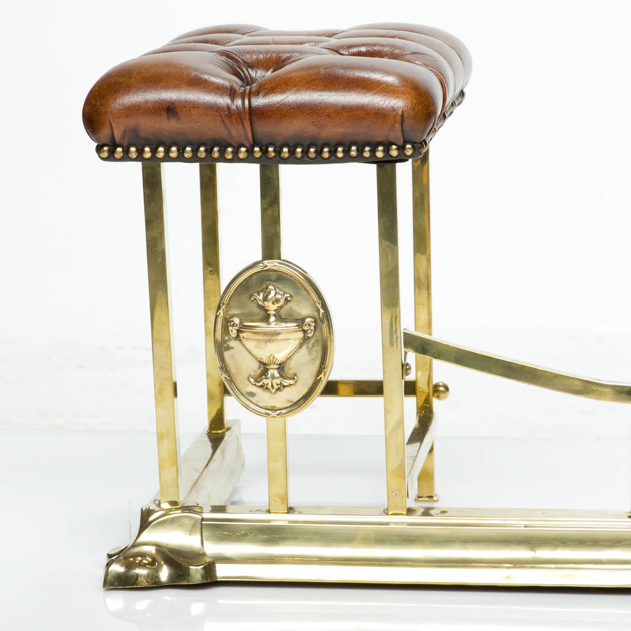 Superb 19th Century Fire Fender Brass and Tufted Leather
