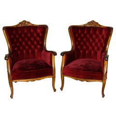 Antique Pair Of French Style Walnut Fireside Armchairs