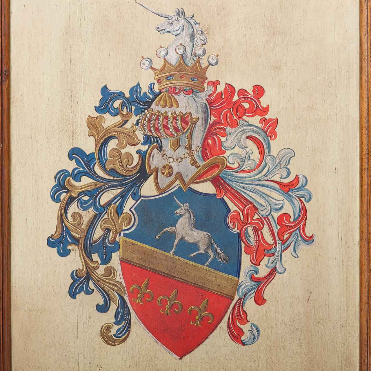 A very nice coat of arms vintage painted on board in a pine frame stained honey brown. Nice accent piece with a strong look.

Measures: 24.5″ wide,

2″ deep,

30.5″ tall.