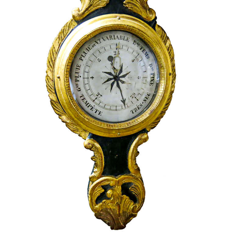 A gilt wood French barometer which showcases Baroque and foliate decoration with the original dial. Original green paint.