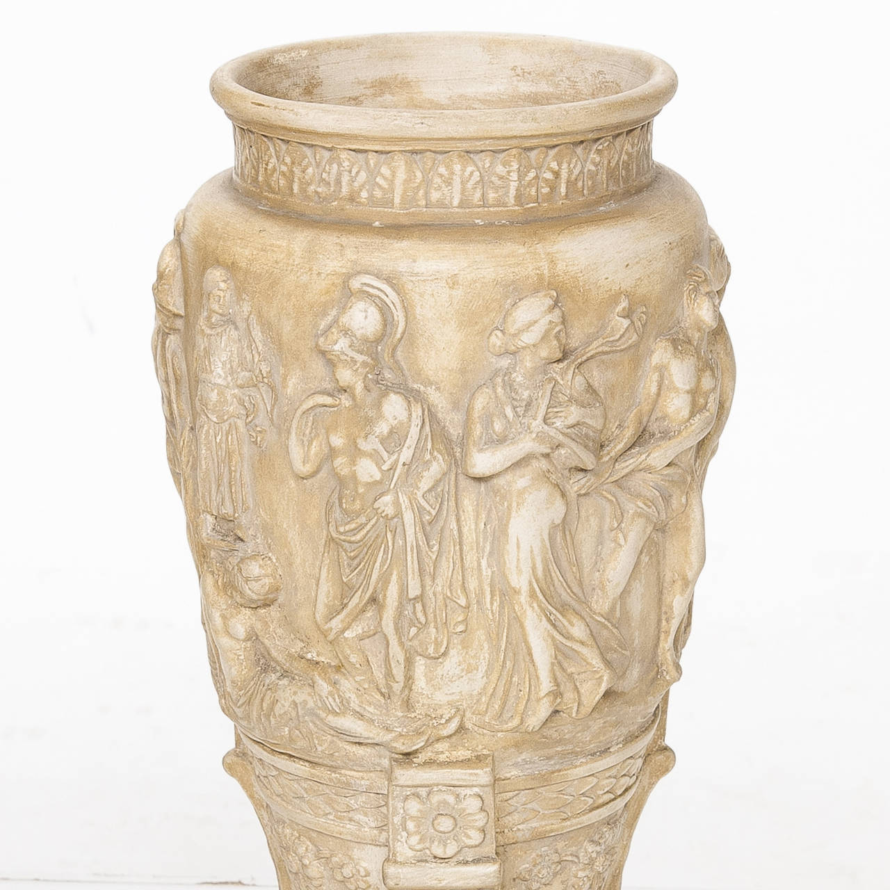 Pair of Italian neoclassical urns.

These urns purchased in Italy are made of a terra cotta with a cream hue. These are made to excellent quality. Very unique and create a wonderful appearance. Designed with ladies and men dressed in flowing