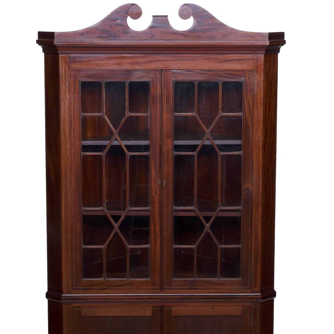 English Sheraton Style Mahogany Corner Cabinet with Inlay