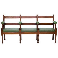 19th Century English Oak Bench with Leather Seats and Arms