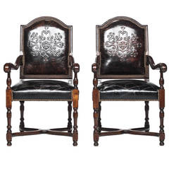 Embossed Leather French Armchairs