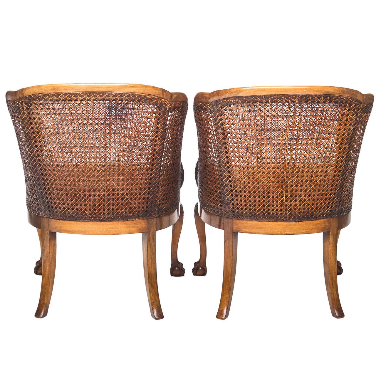 English Georgian Style Walnut and Cane Barrel Back Chairs with Cushion