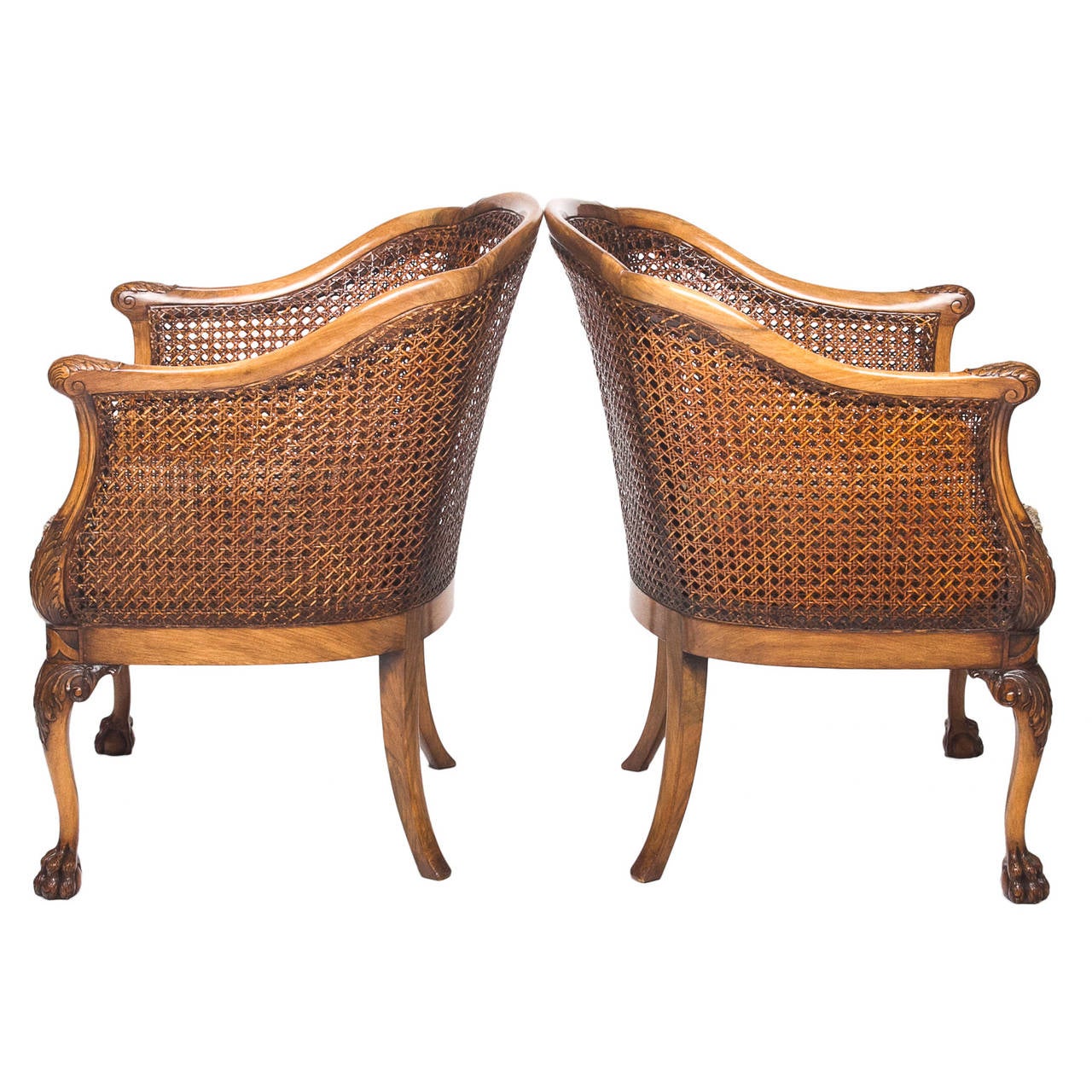 Georgian Style Walnut and Cane Barrel Back Chairs with Cushion In Excellent Condition In Hixson, TN