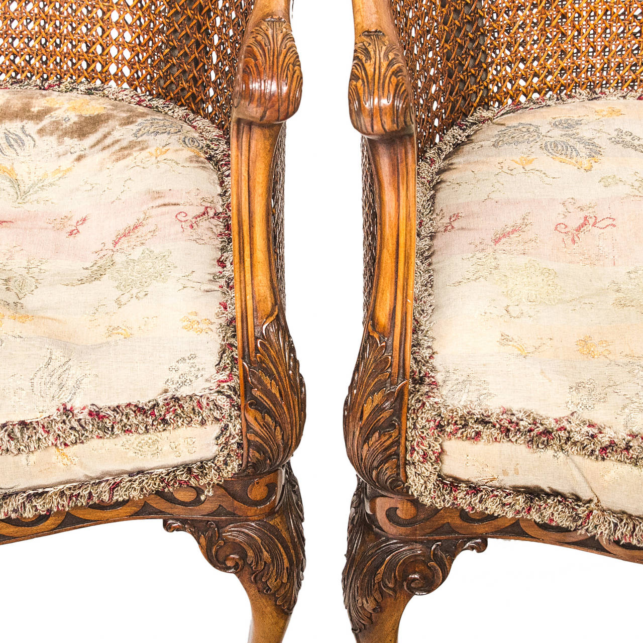 20th Century Georgian Style Walnut and Cane Barrel Back Chairs with Cushion