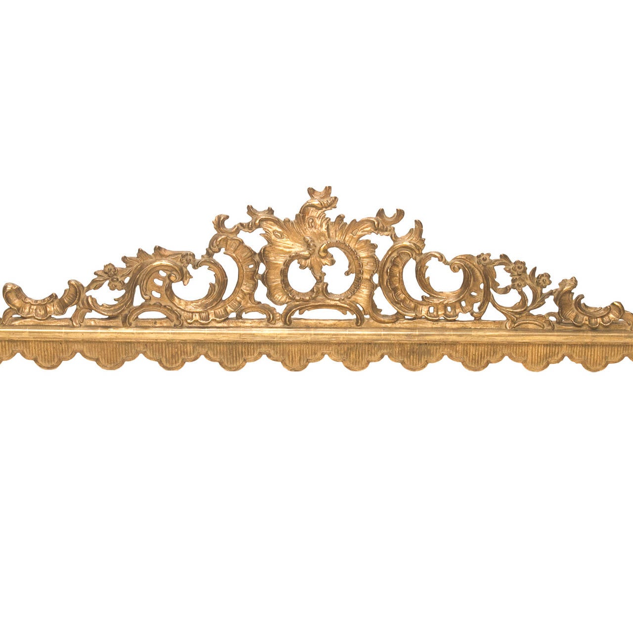 A superb and large Italian carved valance (large enough for a king-size bed) gilded wood and Baroque style. This was purchased from Naples, Italy. Very nice condition and was in use inside the home. Impressive piece and notice the size! circa