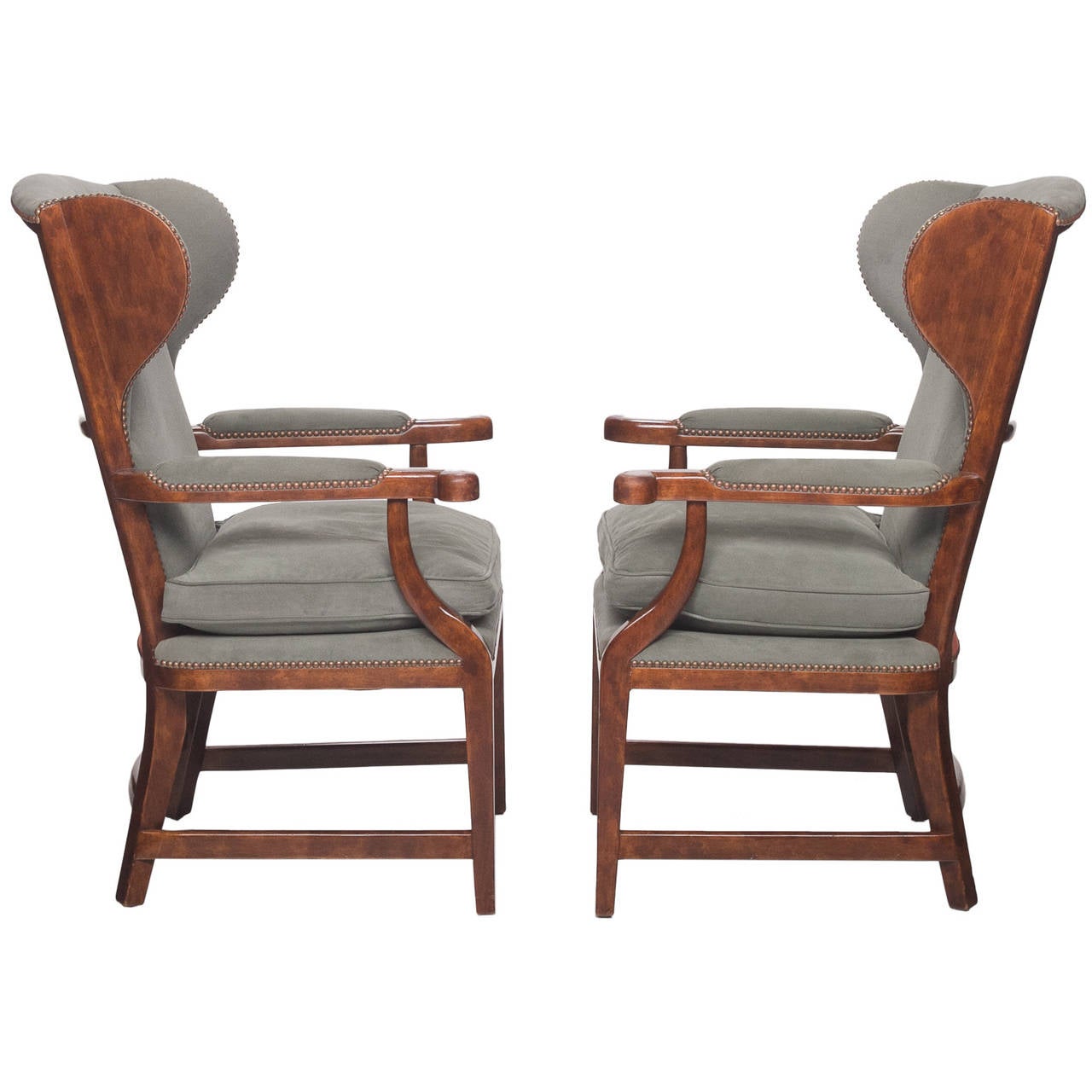 A fine pair of Alder wood “English Barber Chairs” from the well-known company Minton-Spidell furniture of LA. The chairs are in very nice condition and were purchased from an estate. Fabric is relevant and in excellent condition.

Dimensions: