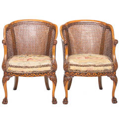 Antique Georgian Style Walnut and Cane Barrel Back Chairs with Cushion