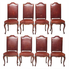 Louis XV Walnut and Leather Dining Chairs, Set of Eight
