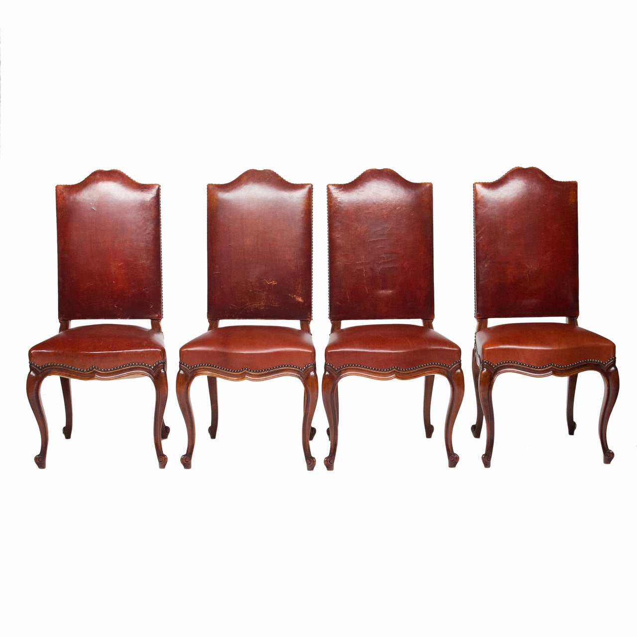 French Louis XV Walnut and Leather Dining Chairs, Set of Eight