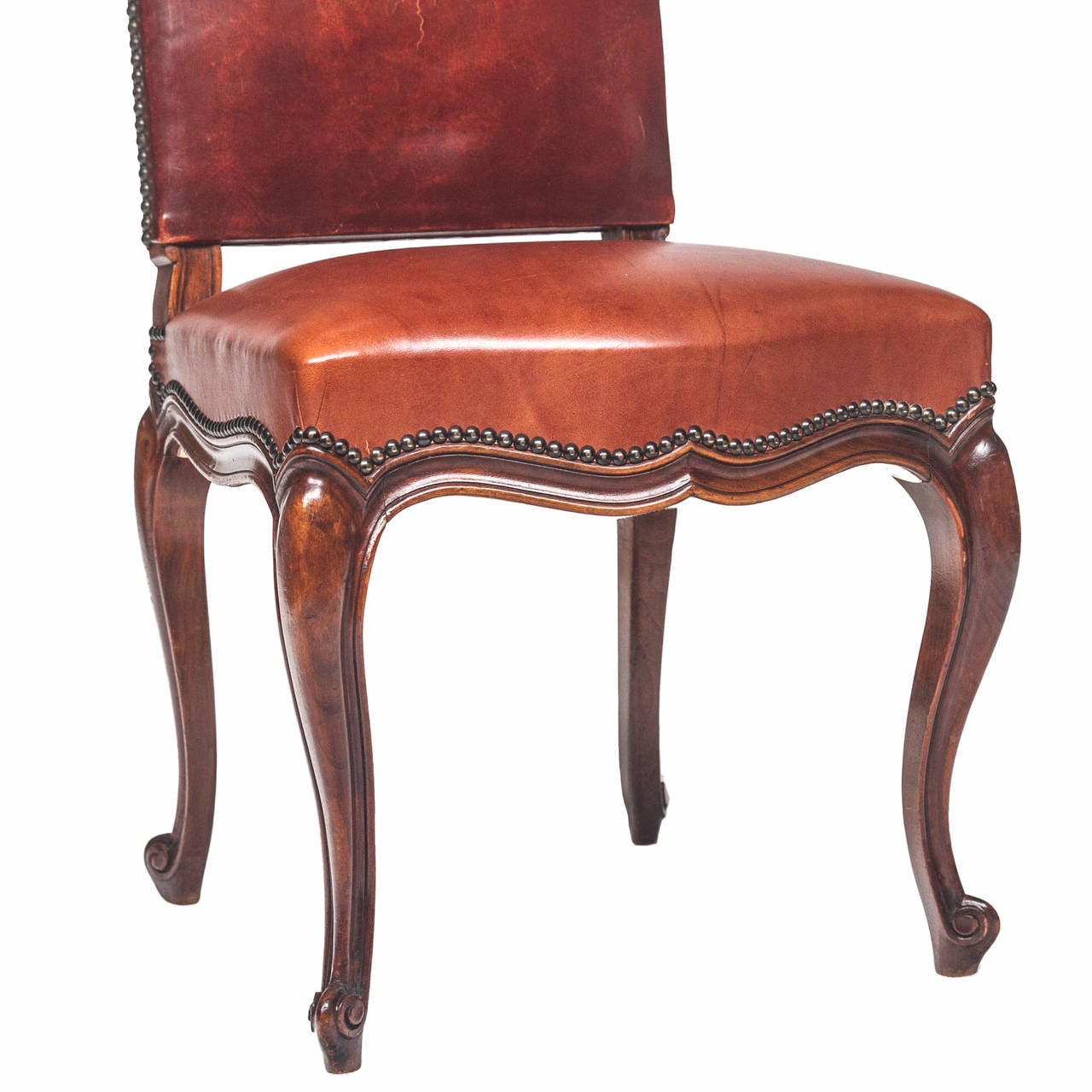 20th Century Louis XV Walnut and Leather Dining Chairs, Set of Eight