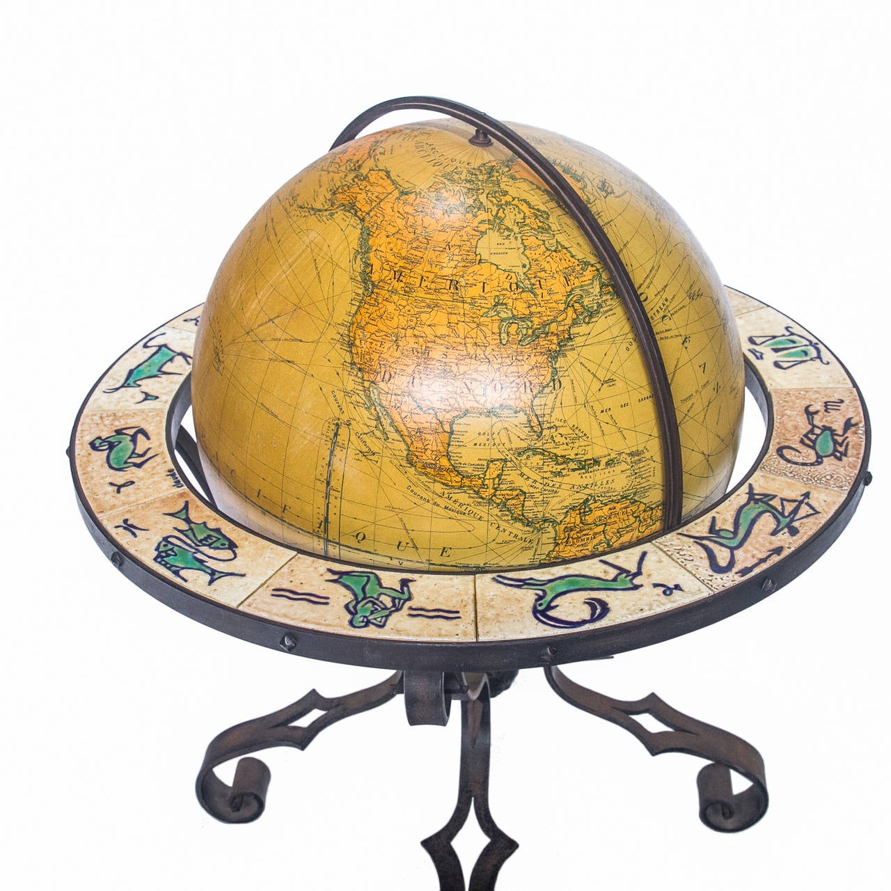 Arts and Crafts Vintage French Globe with Zodiac Tile Band