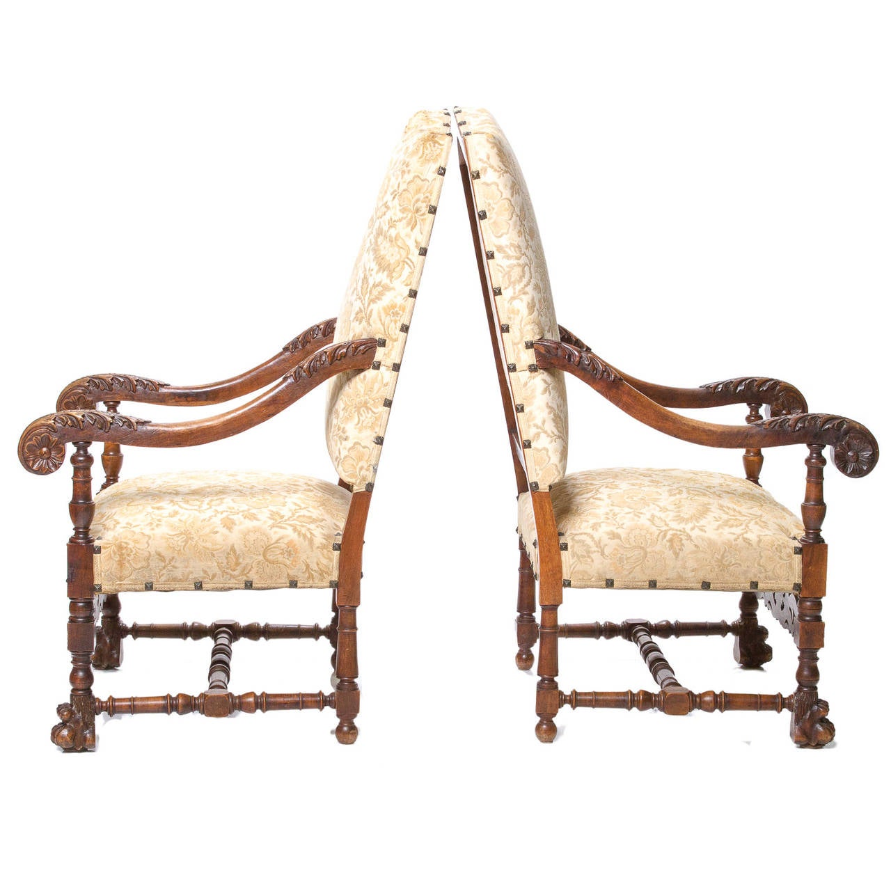 A very nice 19th century pair of armchairs from France. These are made of beechwood and in the Louis XIV style. The chairs are well carved and dressed with the vintage fabric and nailheads. Circa 1870-1880.

 

27″ wide

 

27.5″ deep

