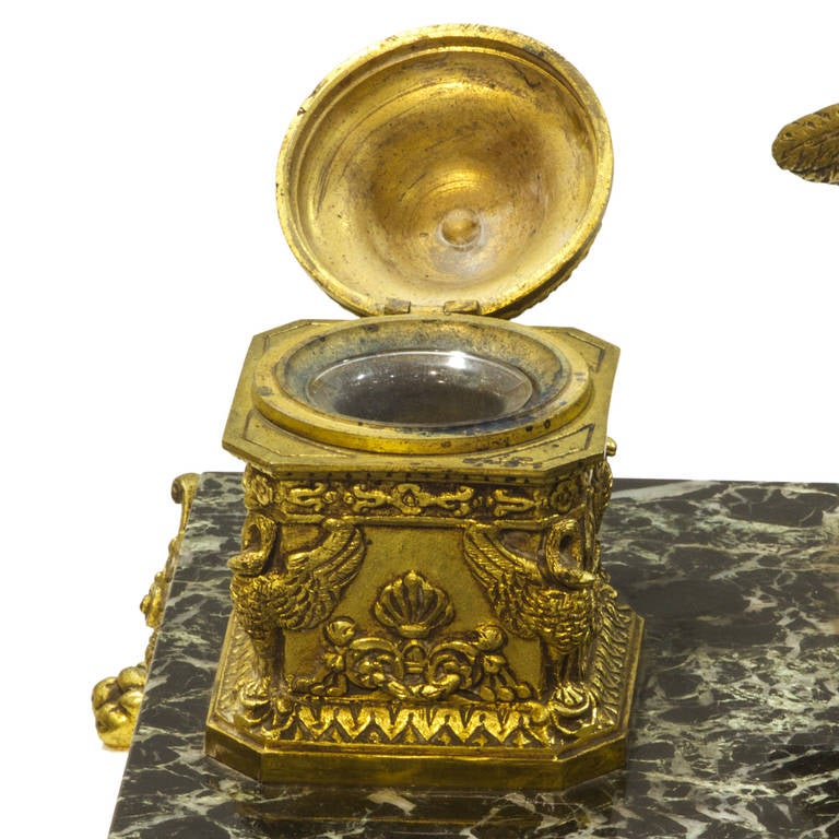 19th Century French Bronze and Marble Double Inkwell with Bronze Eagle Surmount 3