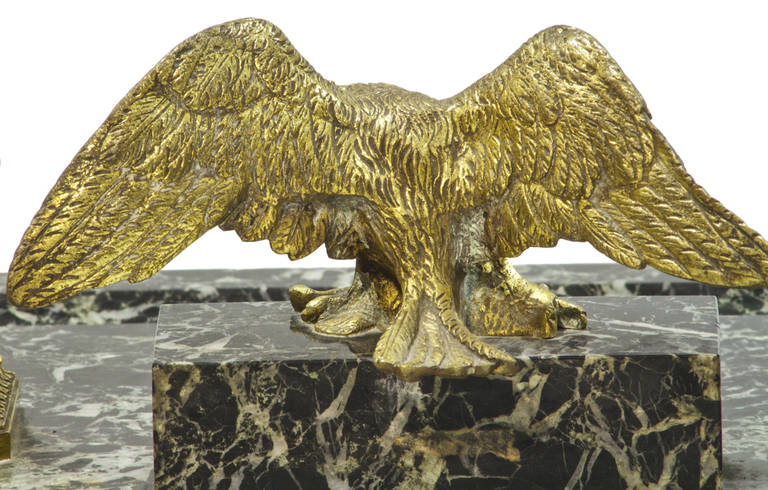 19th Century French Bronze and Marble Double Inkwell with Bronze Eagle Surmount 1