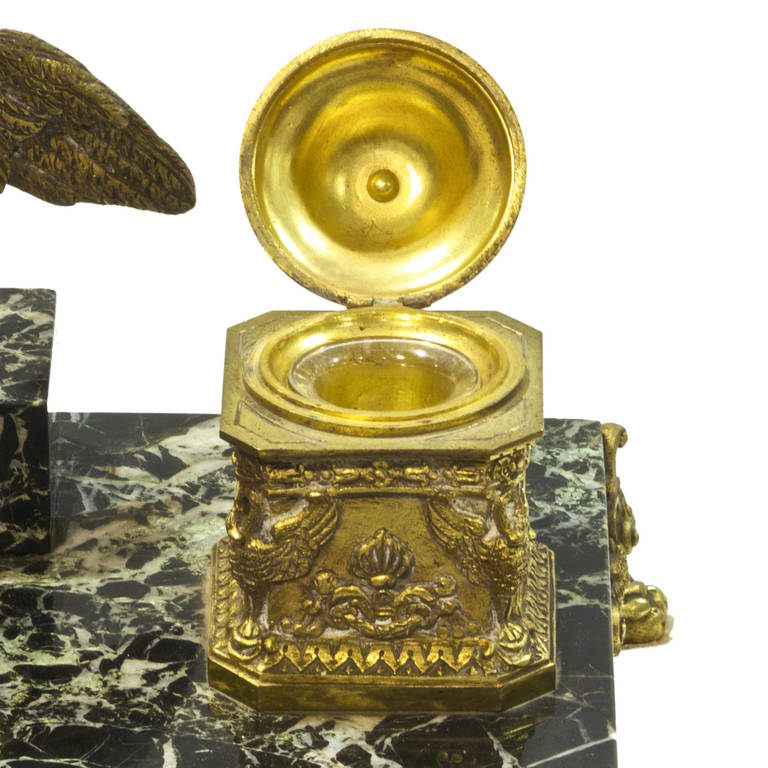 19th Century French Bronze and Marble Double Inkwell with Bronze Eagle Surmount 4