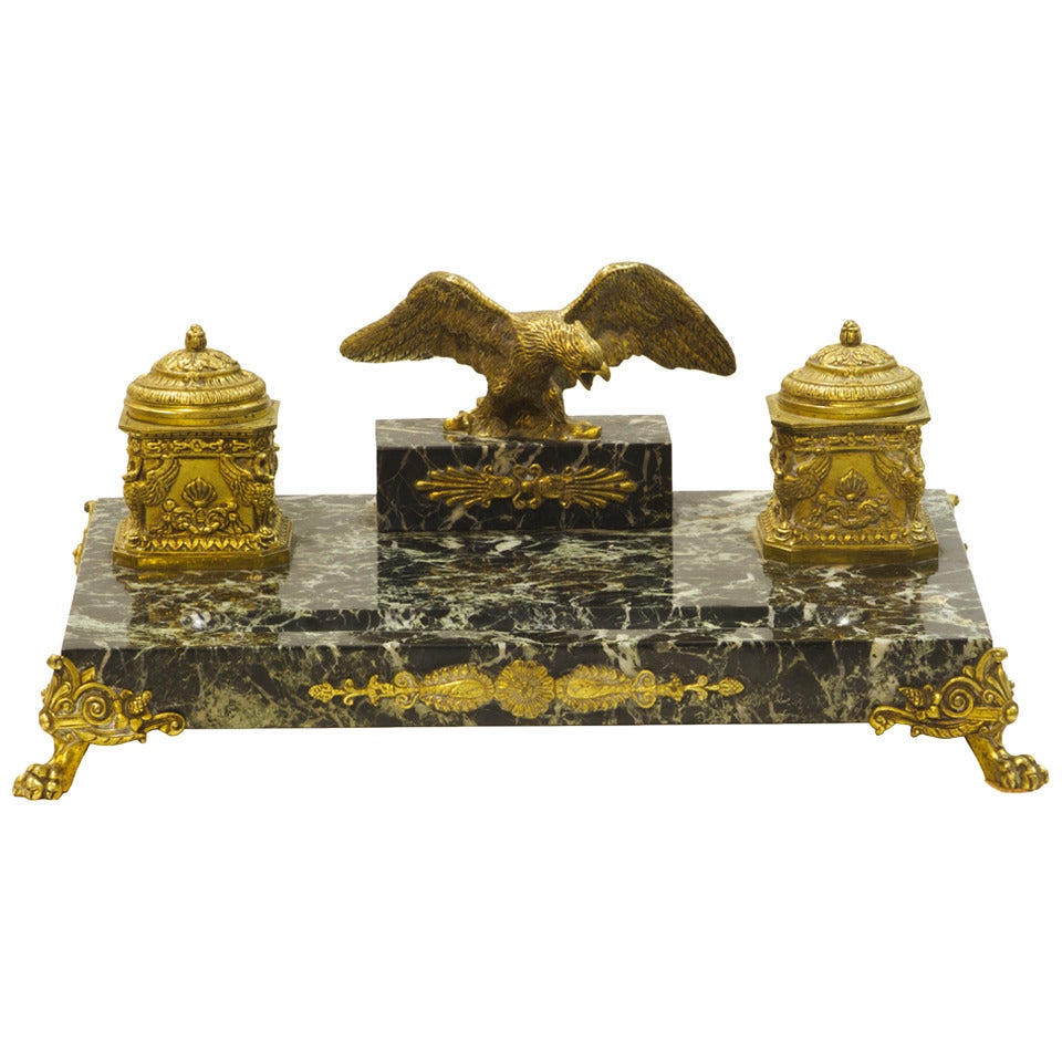 19th Century French Bronze and Marble Double Inkwell with Bronze Eagle Surmount