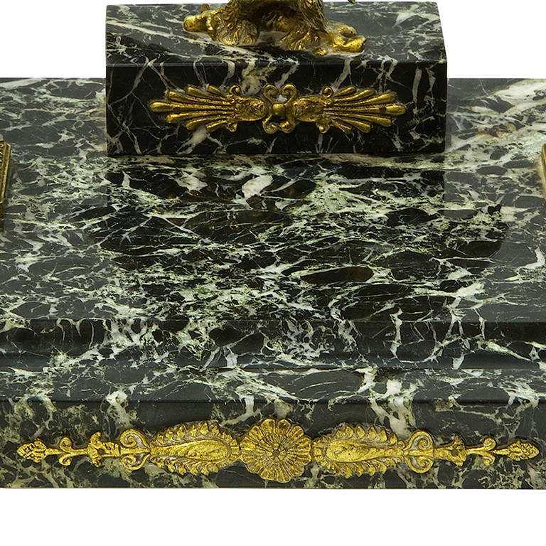 19th Century French Bronze and Marble Double Inkwell with Bronze Eagle Surmount In Excellent Condition In Hixson, TN