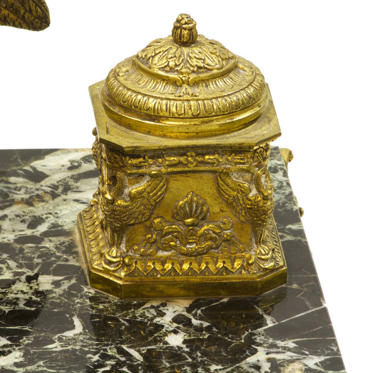 19th Century French Bronze and Marble Double Inkwell with Bronze Eagle Surmount 2