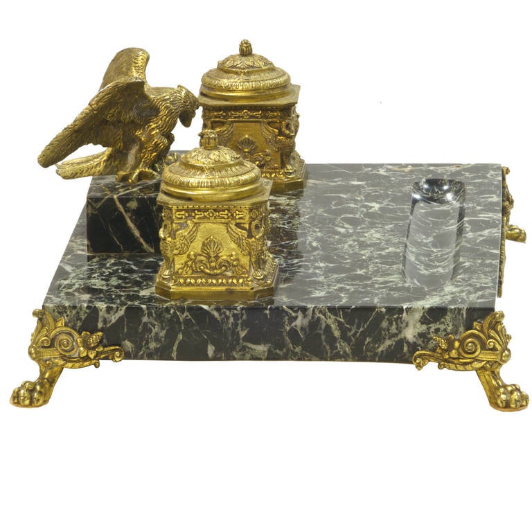 Empire 19th Century French Bronze and Marble Double Inkwell with Bronze Eagle Surmount