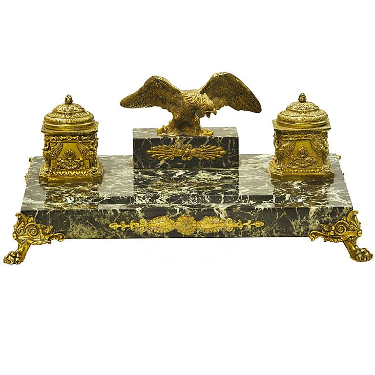 19th Century French Bronze and Marble Double Inkwell with Bronze Eagle Surmount 6