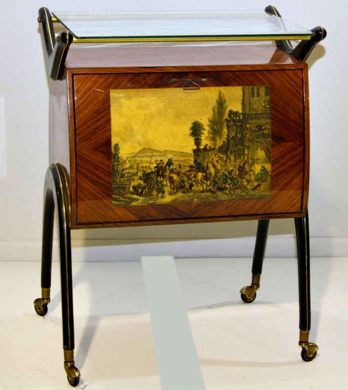 Italian Deco Style Bar Cabinet on Wheels and Glass Tray Top