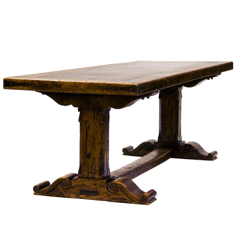 Vintage country french trestle table. Made from French walnut and Cherry woods. Very rustic with a fantastic patina.

93″ long x 32.5″ wide x 30″ tal