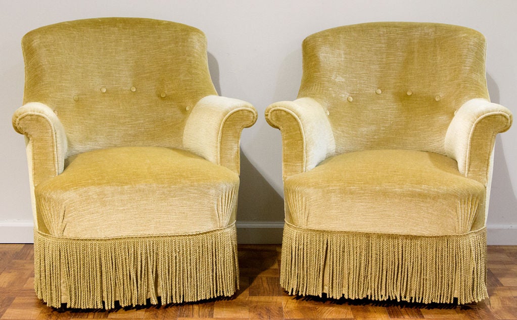 A Pair of Elegant French Fauteuil Crapaud. Wonderful light tan mohair fabric. Excellent condition.